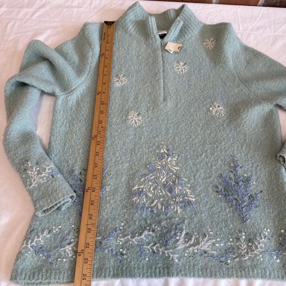 Talbots Blue Sparkle Beaded Wool Blend Stretch Christmas Tree Sweater New Large - Picture 9 of 13